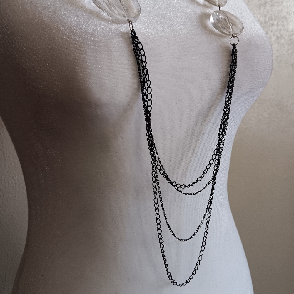 Silver & Clear Tone Beaded Chic Chain Necklace, Dainty Long Simple Minimalist - Picture 5 of 7